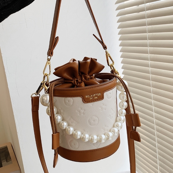 Handbags - Letter Detail Drawstring Design Faux Pearl Decor Bucket Hand Bag